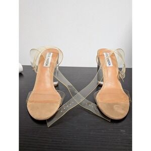 Steve Madden Camille Ankle Strap High Block Lucite Heeled Sandal Clear Sz 6